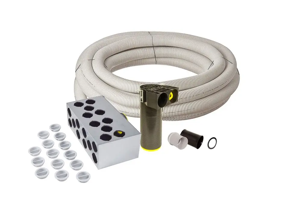 Rohbauset von Fränkische mit flexibler Schlauchleitung, Verbindungsstücken und Abdeckungen zur Installation von HVAC-Systemen.